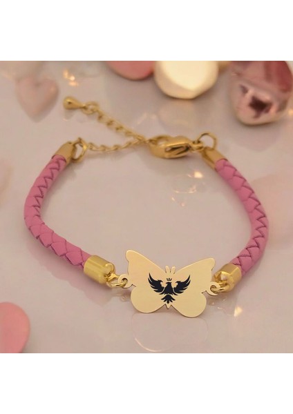 Kral Kartal Temalı 14 Ayar Altın Plakalı Pembe Derili Kelebek Motifli Hediye Bileklik-455SEMBOL fiyatları