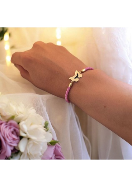 Kral Kartal Temalı 14 Ayar Altın Plakalı Pembe Derili Kelebek Motifli Hediye Bileklik-455SEMBOL fırsatları