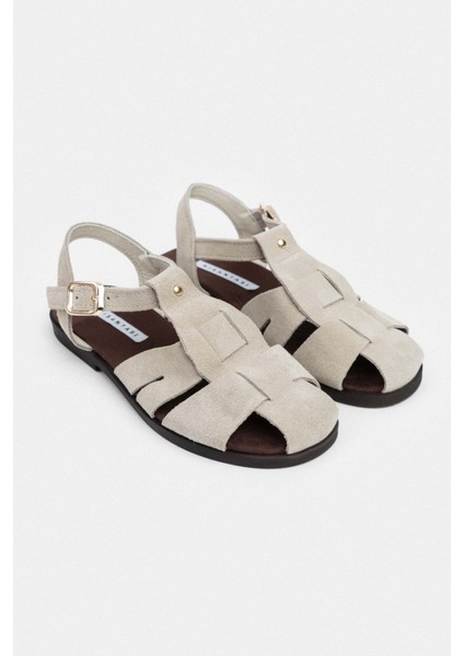 Bird Bej Süet Hakiki Deri Toka Detay Düz Taban Kadın Sandalet modelleri