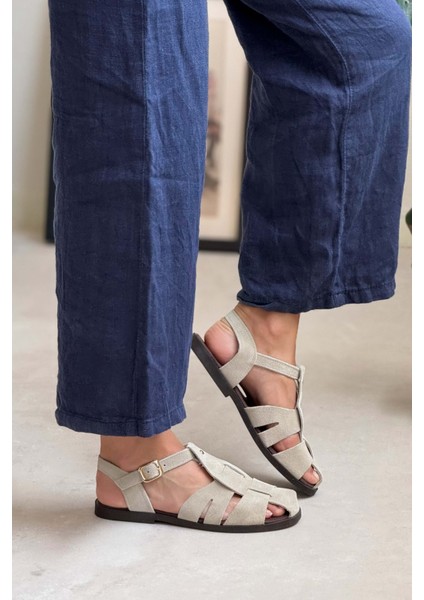 Bird Bej Süet Hakiki Deri Toka Detay Düz Taban Kadın Sandalet indirimleri