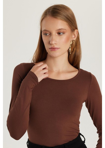 Kadın Slim Fit Dar Kesim Uzun Kollu Viskon Kahverengi Bluz fiyatları