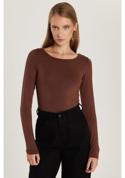 Kadın Slim Fit Dar Kesim Uzun Kollu Viskon Kahverengi Bluz fırsatları