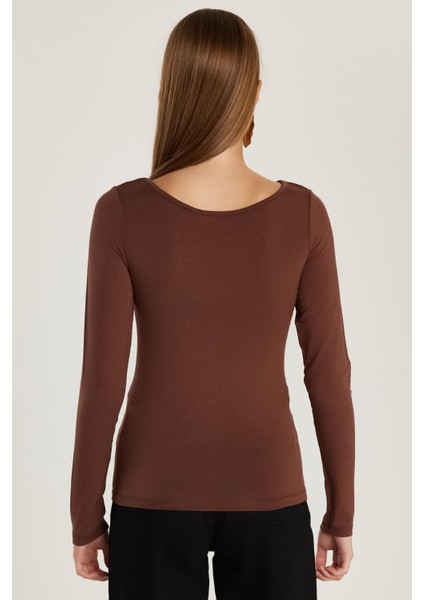 Kadın Slim Fit Dar Kesim Uzun Kollu Viskon Kahverengi Bluz indirimleri