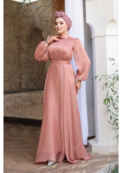 Drape Detaylı Pudra Tesettür Abiye Elbise 51072PD