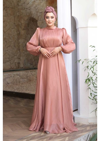 Drape Detaylı Pudra Tesettür Abiye Elbise 51072PD fiyatları
