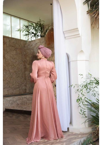 Drape Detaylı Pudra Tesettür Abiye Elbise 51072PD modelleri