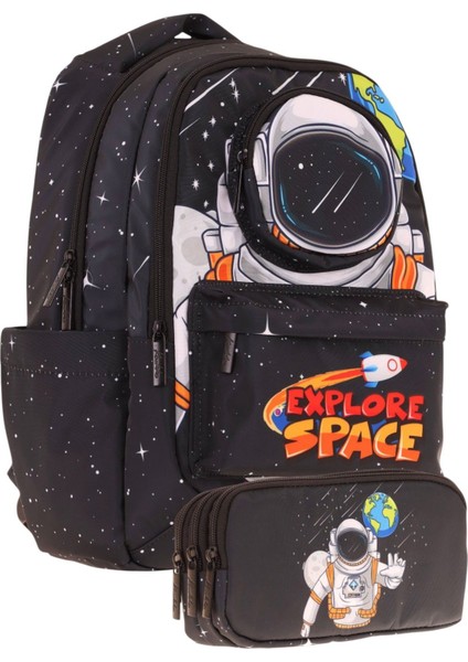 Kids Toys Erkek Çocuk Siyah 3D Astronot Şekilli Ilkokul Çantası ve Kalemlik Seti (L5253+L8253)