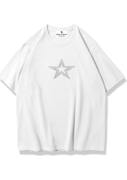 Unisex Oversize Star Stroke Taş Baskılı T-Shirt