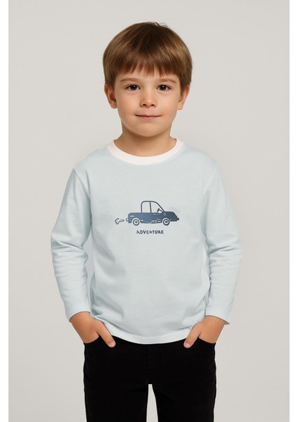 Erkek Çocuk %100 Pamuk Adventure Baskı Uzun Kollu Tişört - Beyaz (3-4 Yaş 8-9 Yaş)