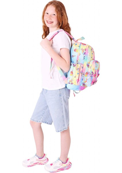 Kids Dört Bölmeli Kız Çocuk Silikon Aksesuarlı Mavi Sarı Ilkokul Çantası