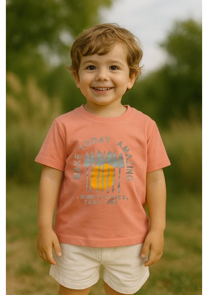 Erkek Çocuk %100 Pamuklu Baskılı Kısa Kollu Tişört - Somon (3-4 Yaş 8-9 Yaş)