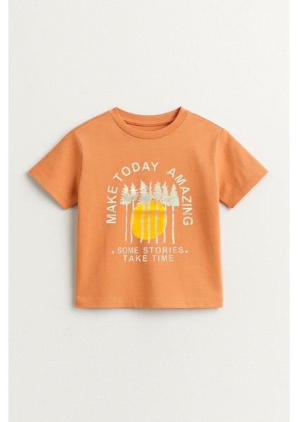 Erkek Çocuk %100 Pamuklu Baskılı Kısa Kollu Tişört - Somon (3-4 Yaş 8-9 Yaş) fiyatları
