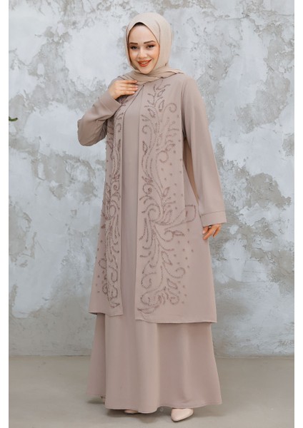 Boncuk Işlemeli Bej Tesettür Abaya 29121BEJ