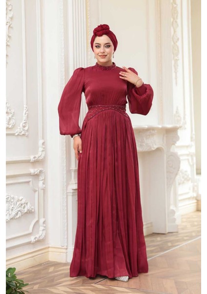 Boncuk Detaylı Bordo Tesettür Abiye Elbise 52751BR