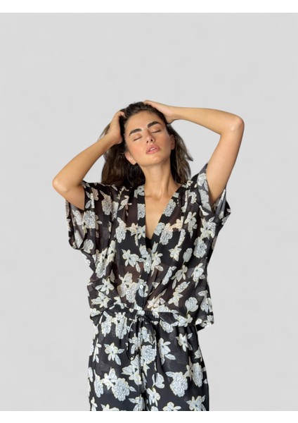 Tasarım V Yaka Şifon Kimono Gömlek Kadın Siyah Beyaz