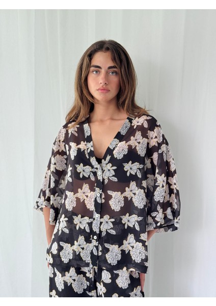 Tasarım V Yaka Şifon Kimono Gömlek Kadın Siyah Beyaz modelleri
