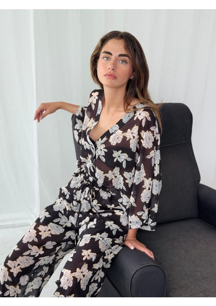 Tasarım V Yaka Şifon Kimono Gömlek Kadın Siyah Beyaz indirimleri