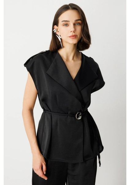 Kruvaze Yaka Ip Kemerli Yelek Siyah 04264