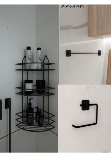 Yapışkanlı Siyah Banyo Köşeliği 3 Katlı Köşe Rafı Uzun Havluluk ve Tuvalet Kağıtlık Set