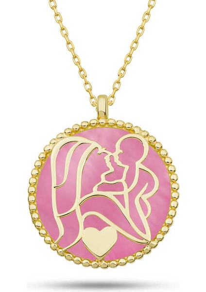 Gümüş Gold Pembe Sedef Taşlı Anne Çocuk Sevgisi Kolye