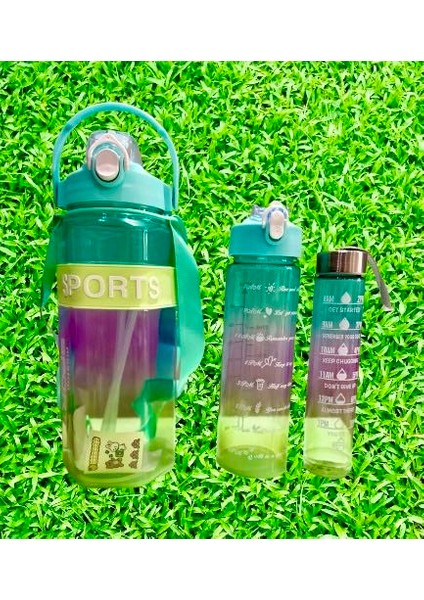 Sports Renkli Akrilik Spor 3lü Motivasyon Suluk Matara 3ADET 2000ML 900ML 350ML