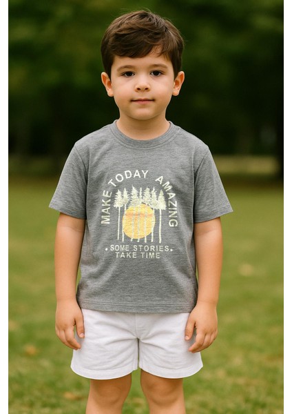 Erkek Çocuk %100 Pamuklu Baskılı Kısa Kollu Tişört - Gri (3-4 Yaş 8-9 Yaş)