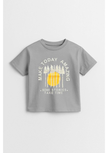 Erkek Çocuk %100 Pamuklu Baskılı Kısa Kollu Tişört - Gri (3-4 Yaş 8-9 Yaş) fiyatları
