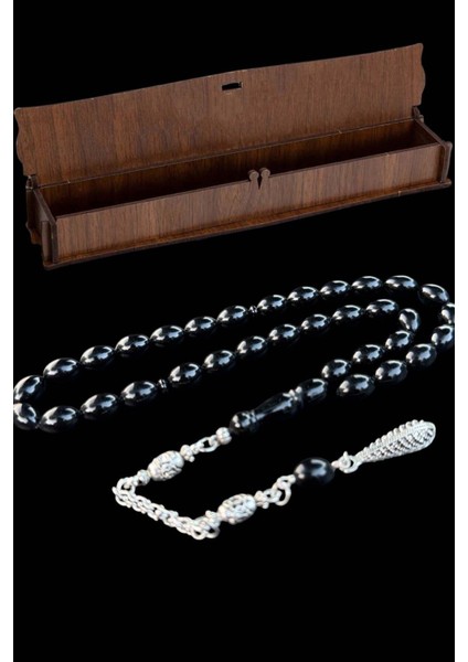 Sertifikalı Usta Işçilikli Sıkma Siyah Ateş Kehribar Tesbih Hediyelik Ahşap Kutulu