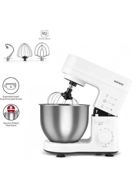 Chef 5 L Lik Paslanmaz Çelik Hazneli Stand Mikser Beyaz 1500W Ultra Güçlü Motor