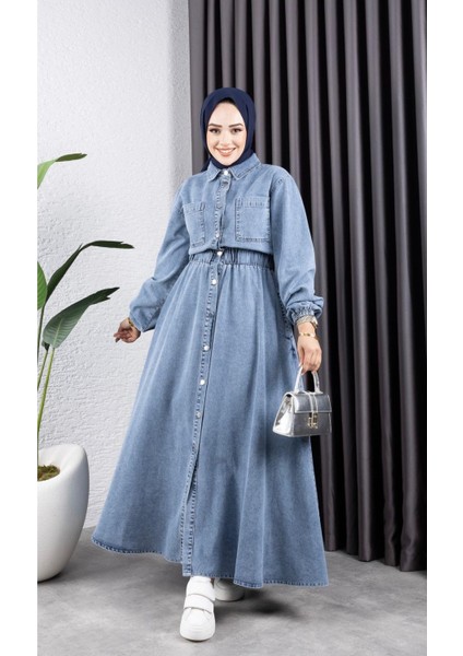 Kadın Belden Lastikli Cep Detaylı Kot Elbise