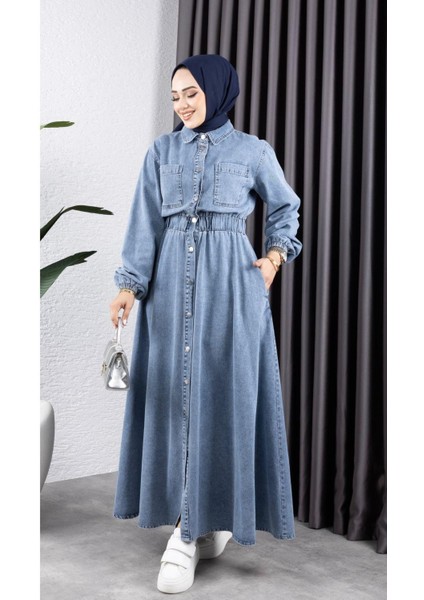 Kadın Belden Lastikli Cep Detaylı Kot Elbise fiyatları