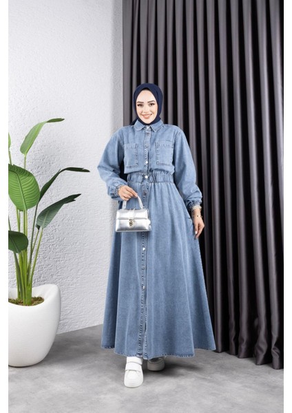 Kadın Belden Lastikli Cep Detaylı Kot Elbise modelleri