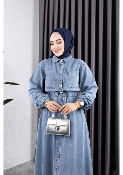 Kadın Belden Lastikli Cep Detaylı Kot Elbise fırsatları