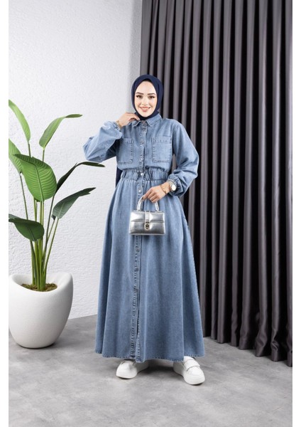 Kadın Belden Lastikli Cep Detaylı Kot Elbise indirimleri