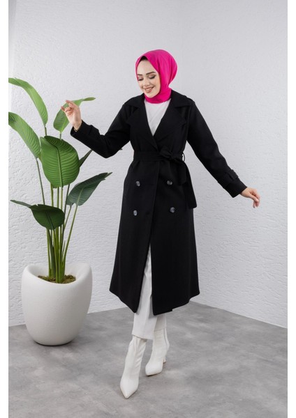 Kadın Kuşaklı Kaşe Kaban