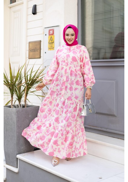 Kadın Düğmeli Desenli Pembe Modal Elbise
