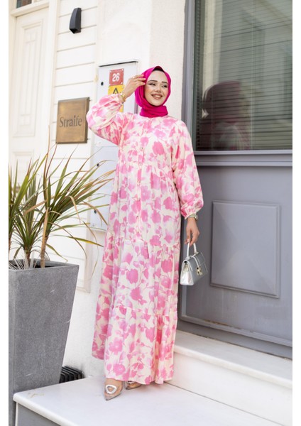 Kadın Düğmeli Desenli Pembe Modal Elbise modelleri