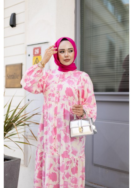 Kadın Düğmeli Desenli Pembe Modal Elbise fırsatları