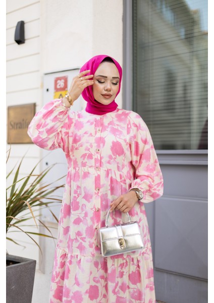 Kadın Düğmeli Desenli Pembe Modal Elbise indirimleri
