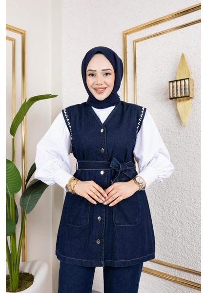 Kadın Boncuk Işlemeli Kuşaklı Yelek-Pantolon 2li Takım modelleri
