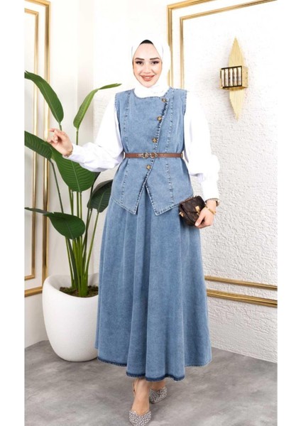 Kadın 2li Kot Takım Kemerli Yelek Etek