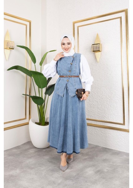 Kadın 2li Kot Takım Kemerli Yelek Etek modelleri