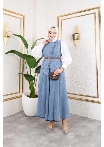 Kadın 2li Kot Takım Kemerli Yelek Etek fırsatları