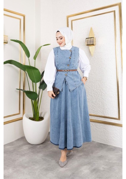 Kadın 2li Kot Takım Kemerli Yelek Etek indirimleri