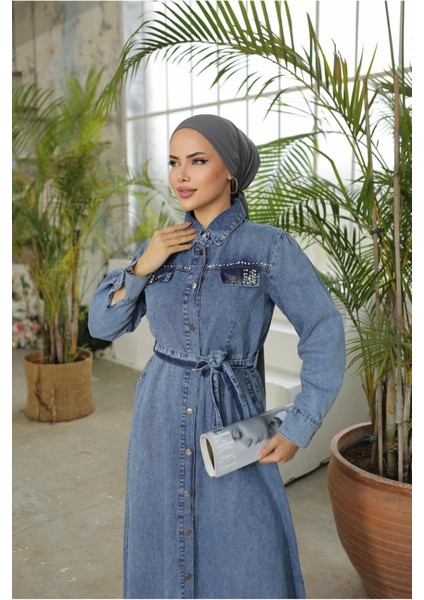 Kadın Boncuk Işlemeli Düğmeli Kot Elbise fiyatları