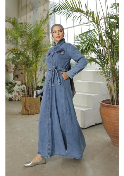 Kadın Boncuk Işlemeli Düğmeli Kot Elbise modelleri