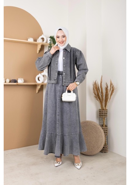 Kadın 2li Kot Takım Ceket ve Beli Lastikli Valonlu Etek modelleri