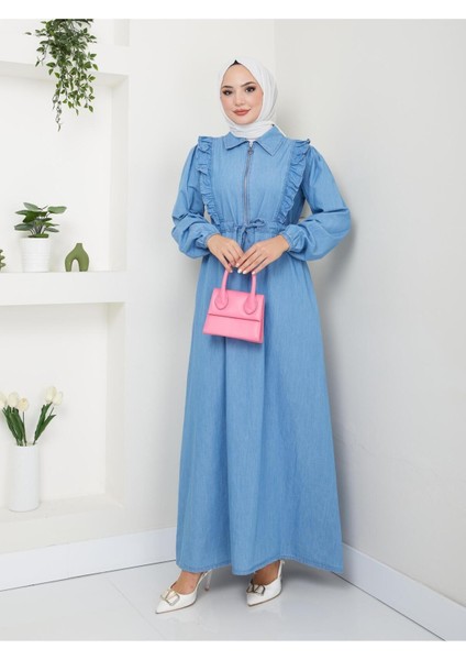 Kadın Fermuar Detaylı Fırfırlı Kot Elbise fiyatları