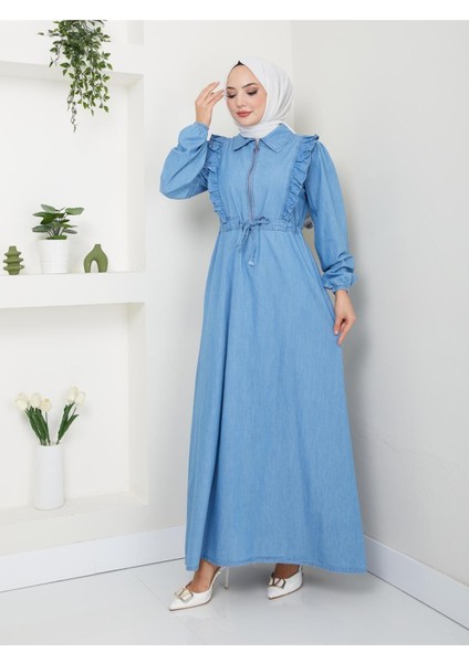 Kadın Fermuar Detaylı Fırfırlı Kot Elbise modelleri