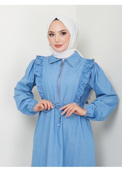 Kadın Fermuar Detaylı Fırfırlı Kot Elbise fırsatları